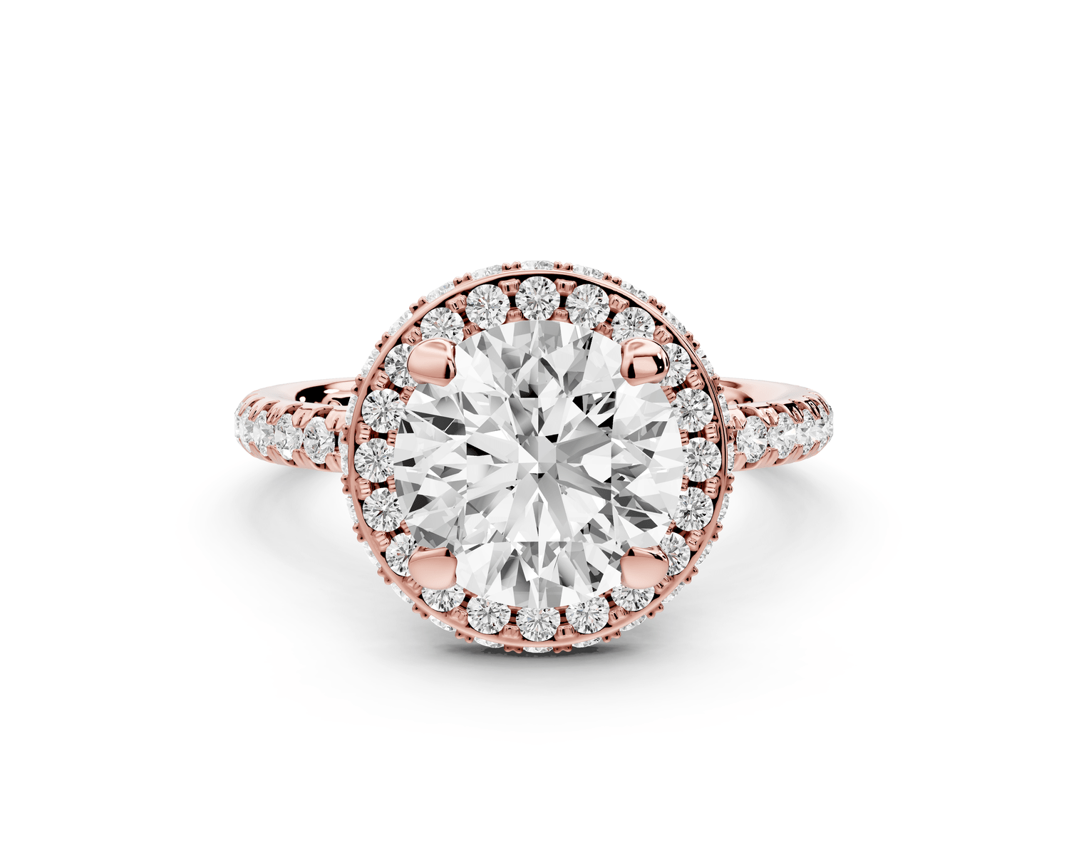 Amelie - 2ct 14k rose gold round Diamond with Rollover Halo and Pavé Engagment Ring - Mr. Alex Jewelry