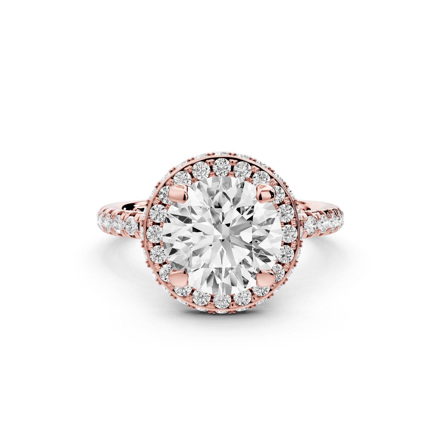 Amelie - 2ct 14k rose gold round Diamond with Rollover Halo and Pavé Engagment Ring - Mr. Alex Jewelry