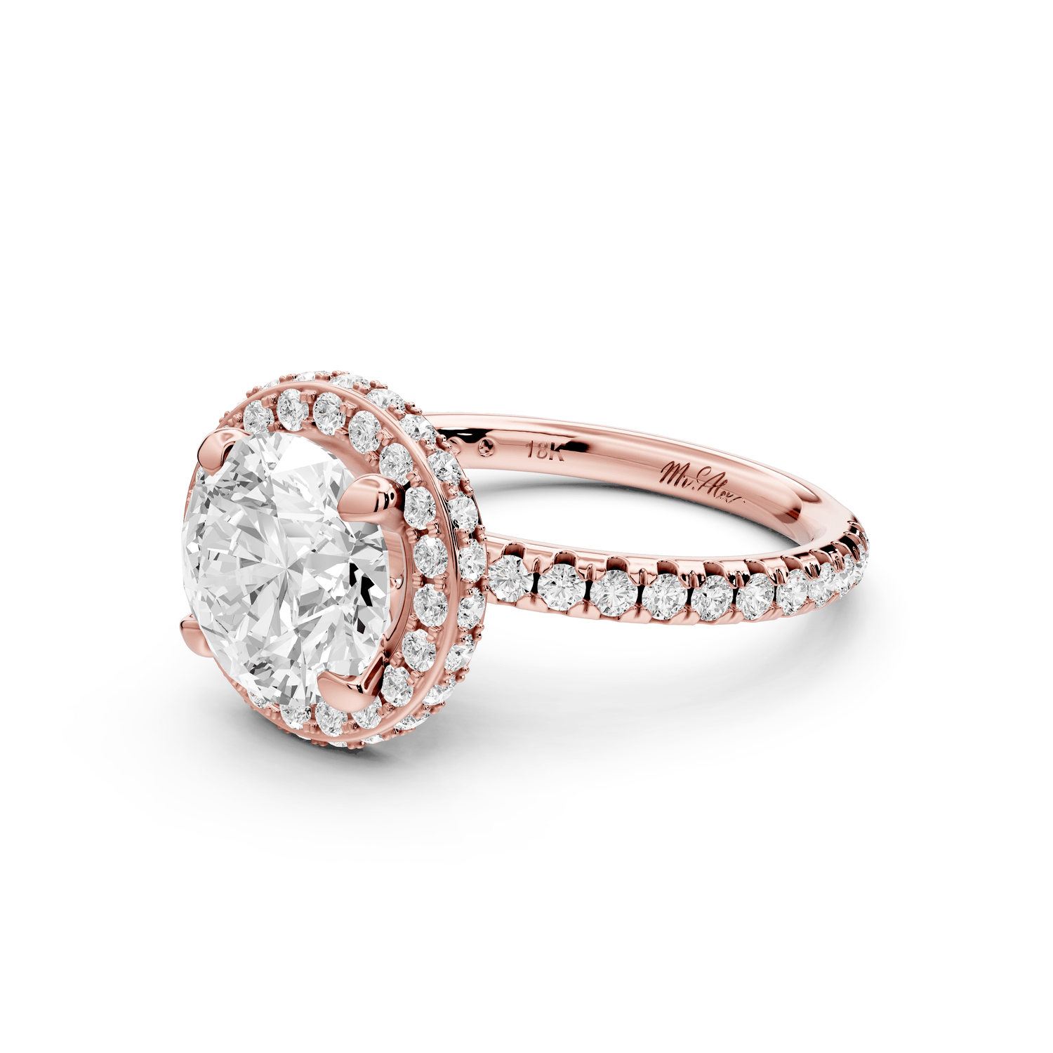 Amelie - 2ct 14k rose gold round Diamond with Rollover Halo and Pavé Engagment Ring - Mr. Alex Jewelry
