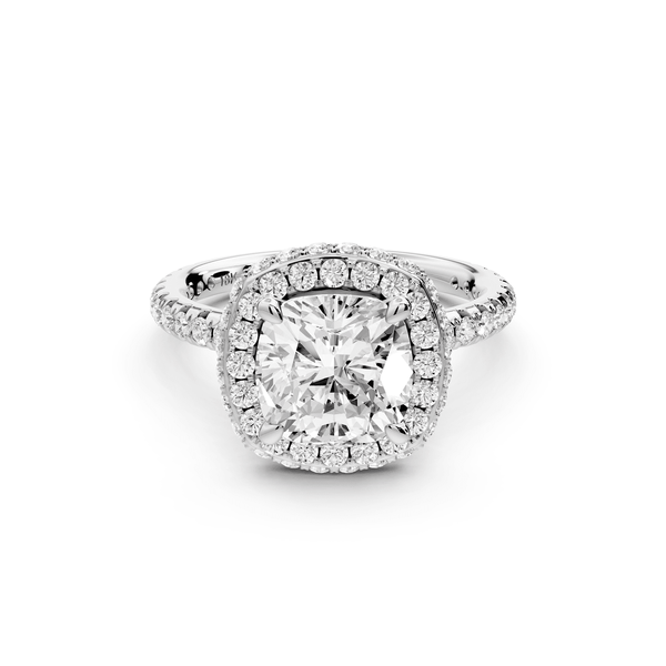 Amelie - 2ct 14k white gold cushion Diamond with Rollover Halo and Pavé engagement Ring - Mr. Alex Jewelry