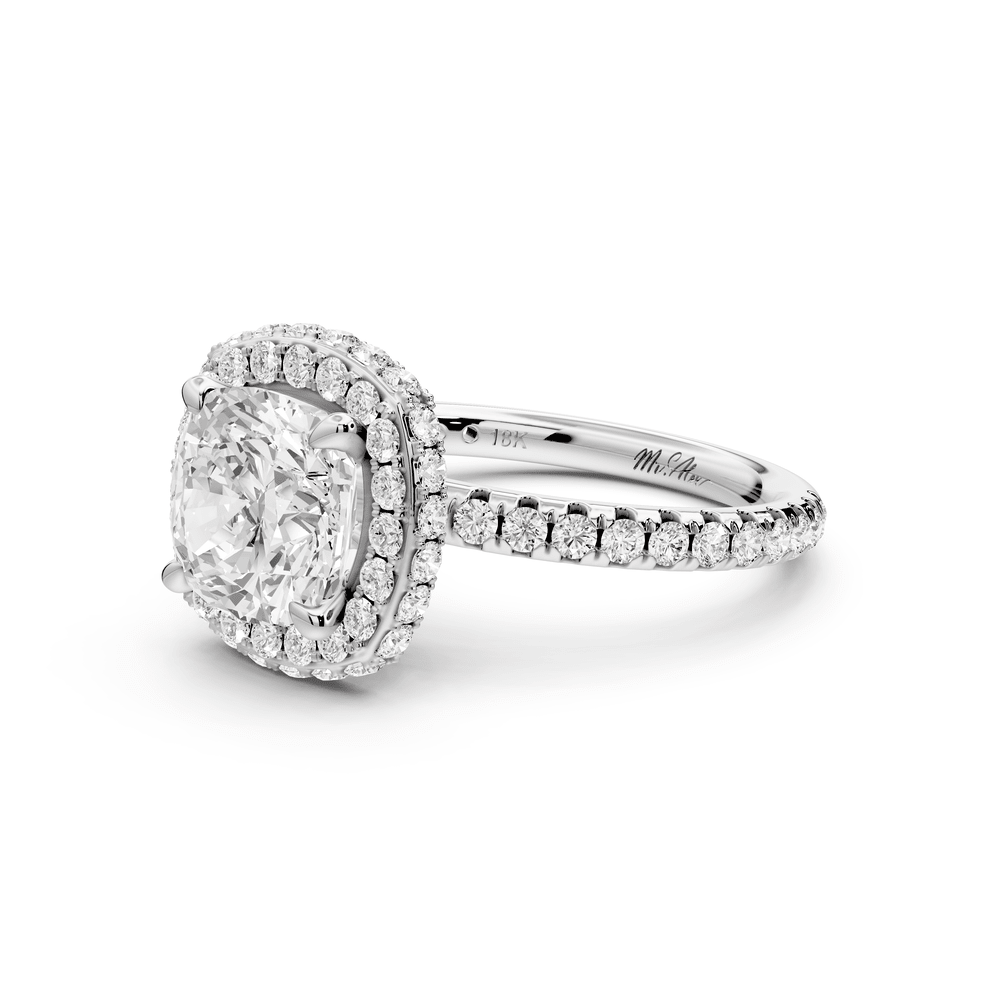 Amelie - 2ct 14k white gold cushion Diamond with Rollover Halo and Pavé engagement Ring - Mr. Alex Jewelry