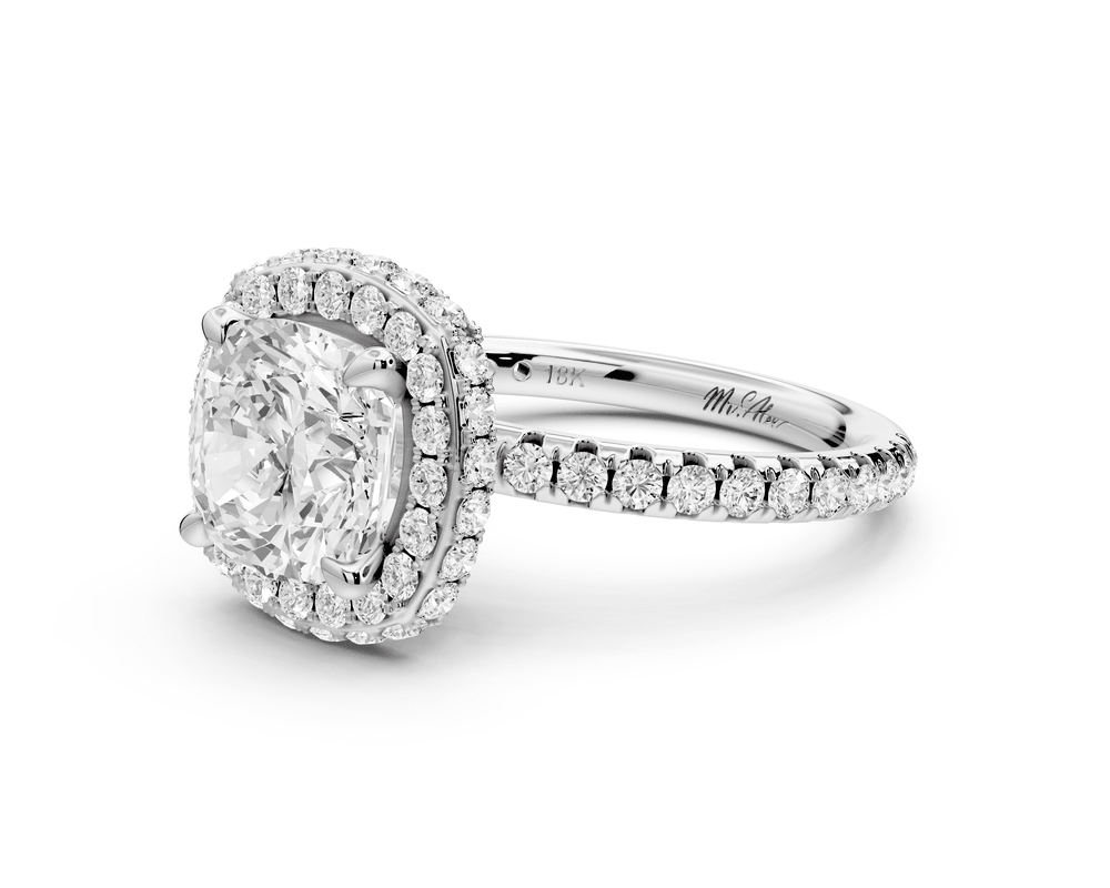 Amelie - 2ct 14k white gold cushion Diamond with Rollover Halo and Pavé engagement Ring - Mr. Alex Jewelry