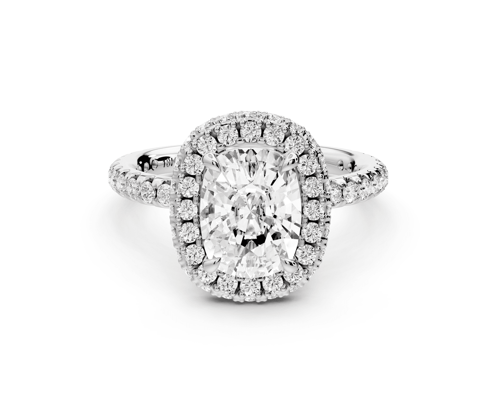 Amelie - 2ct 14k white gold ecushion Diamond with Rollover Halo and Pavé engagement Ring - Mr. Alex Jewelry