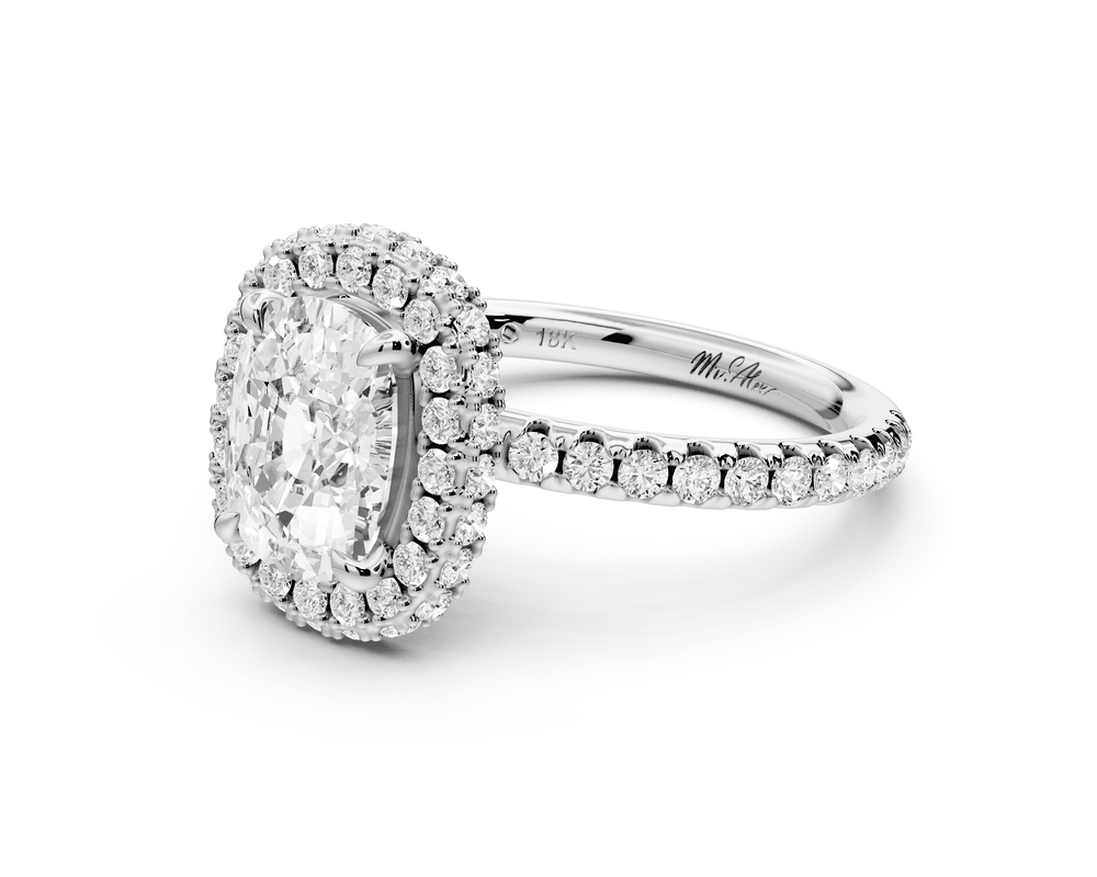 Amelie - 2ct 14k white gold ecushion Diamond with Rollover Halo and Pavé engagement Ring - Mr. Alex Jewelry