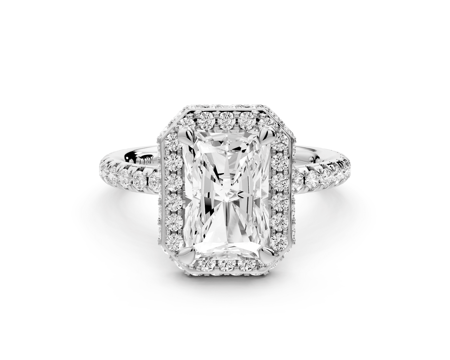 Amelie - 2ct 14k white gold radiant Diamond with Rollover Halo and Pavé engagement Ring - Mr. Alex Jewelry