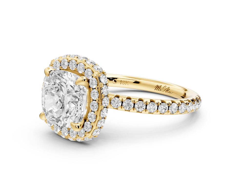 Amelie - 2ct 14k yellow gold cushion Diamond with Rollover Halo and Pavé engagement Ring - Mr. Alex Jewelry