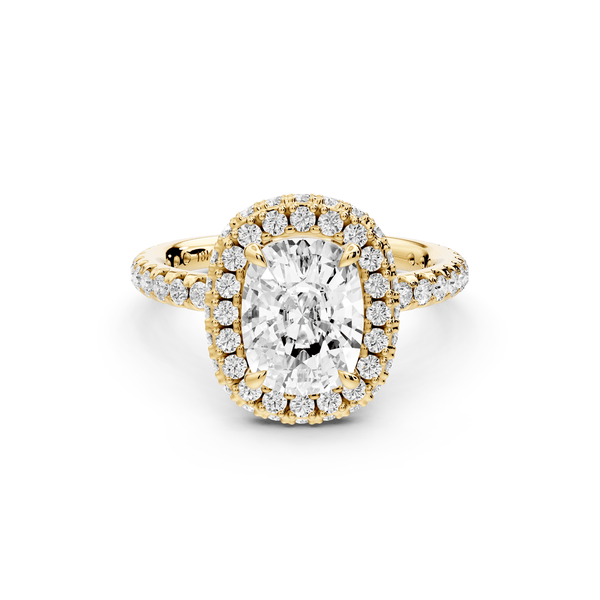 Amelie - 2ct 14k yellow gold ecushion Diamond with Rollover Halo and Pavé engagement Ring - Mr. Alex Jewelry