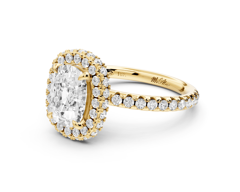 Amelie - 2ct 14k yellow gold ecushion Diamond with Rollover Halo and Pavé engagement Ring - Mr. Alex Jewelry