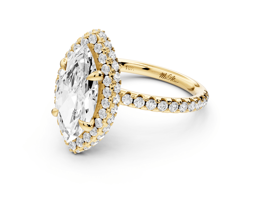 Amelie - 2ct 14k yellow gold marquise Diamond with Rollover Halo and Pavé engagement Ring - Mr. Alex Jewelry