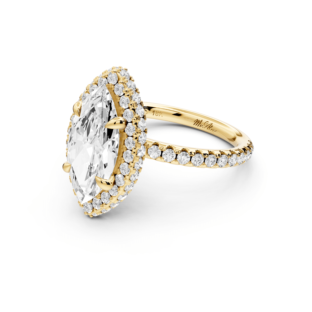 Amelie - 2ct 14k yellow gold marquise Diamond with Rollover Halo and Pavé engagement Ring - Mr. Alex Jewelry