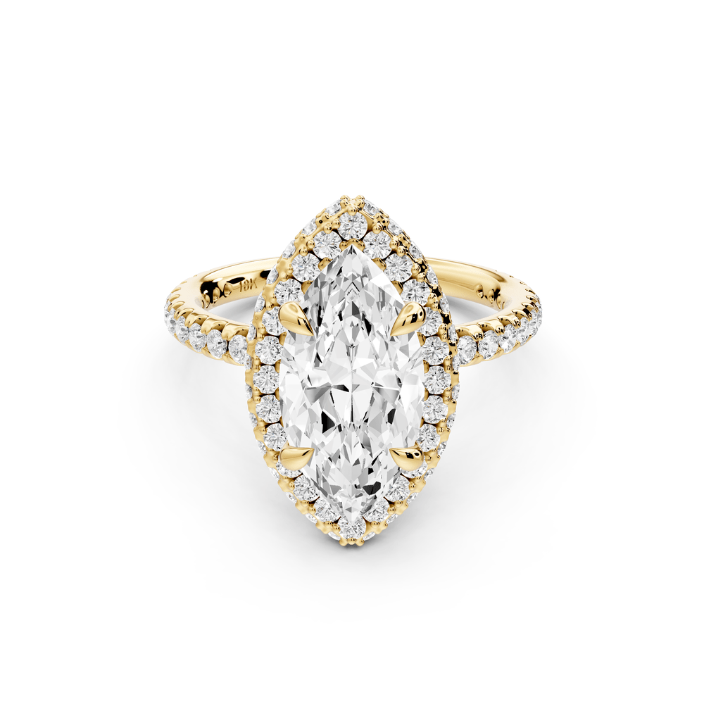 Amelie - 2ct 14k yellow gold marquise Diamond with Rollover Halo and Pavé engagement Ring - Mr. Alex Jewelry