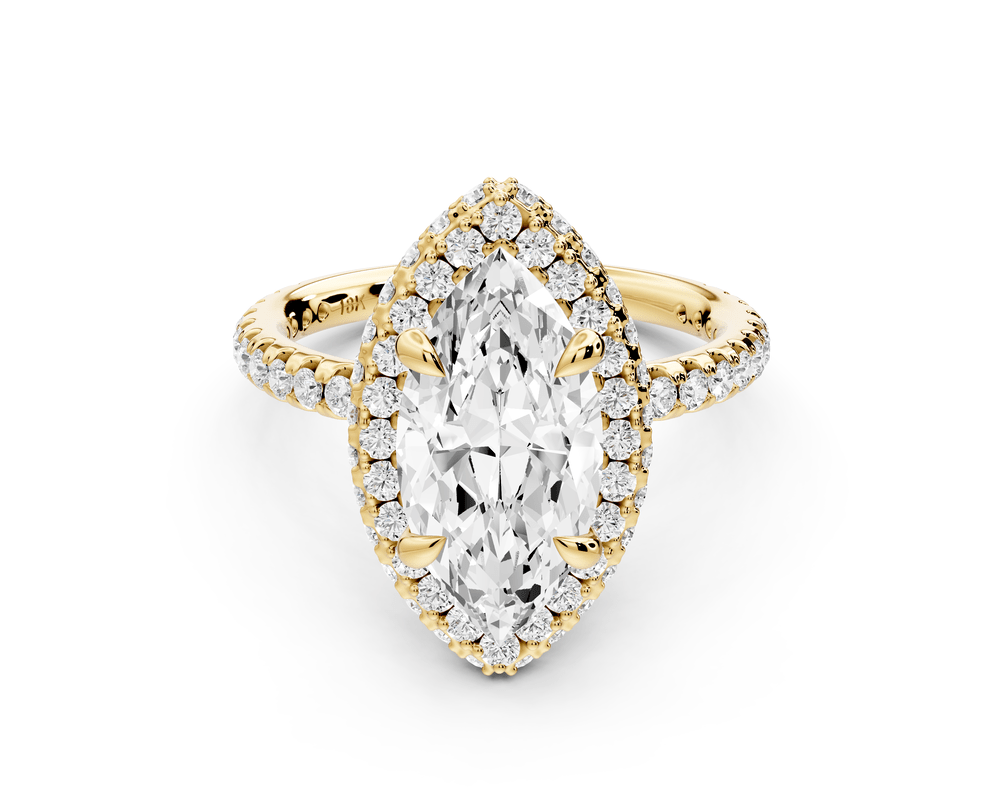 Amelie - 2ct 14k yellow gold marquise Diamond with Rollover Halo and Pavé engagement Ring - Mr. Alex Jewelry