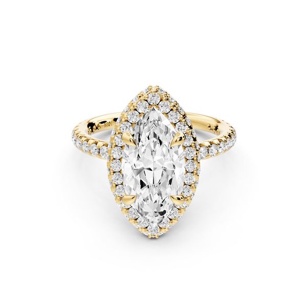 Amelie - 2ct 14k yellow gold marquise Diamond with Rollover Halo and Pavé engagement Ring - Mr. Alex Jewelry