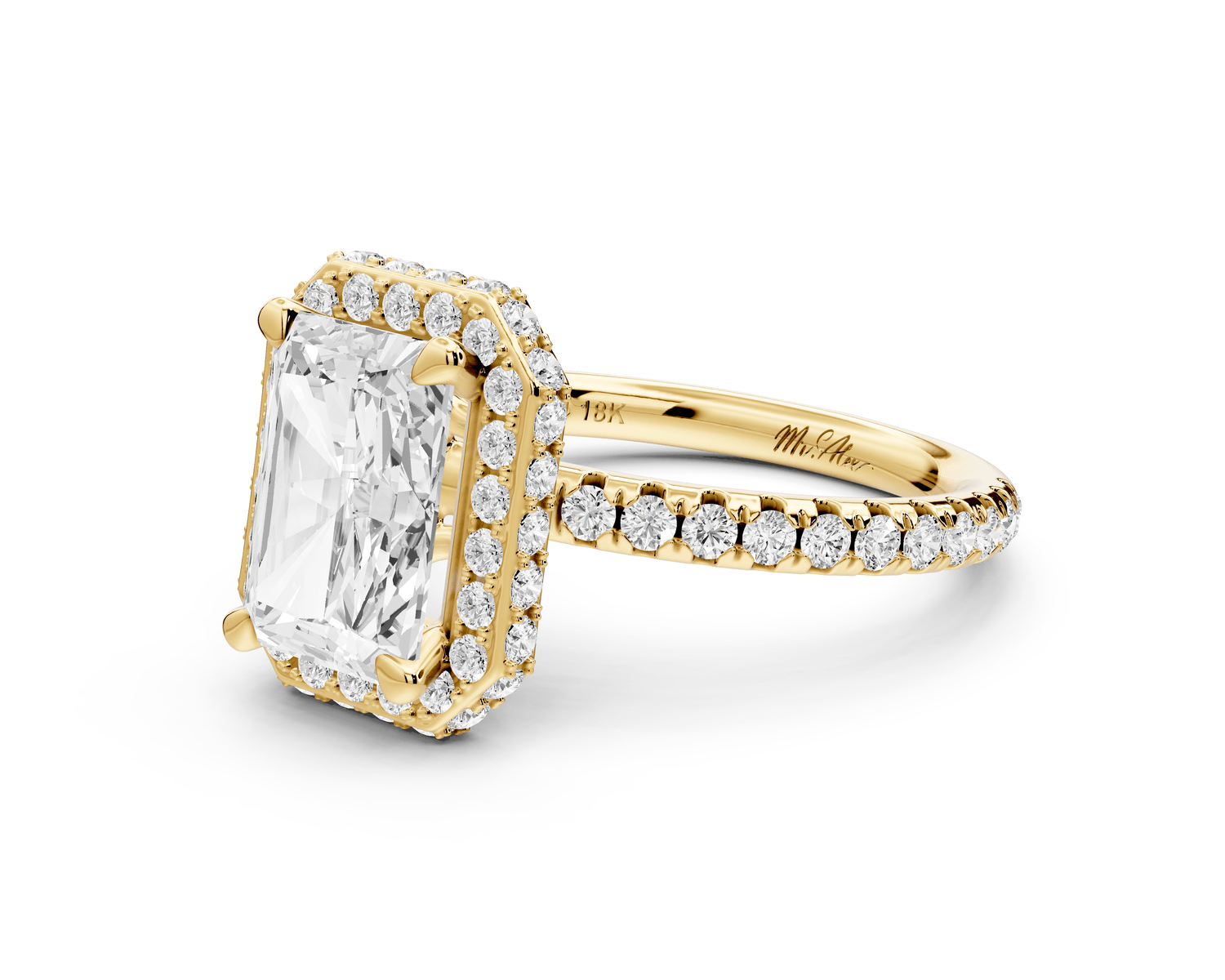 Amelie - 2ct 14k yellow gold radiant Diamond with Rollover Halo and Pavé engagement Ring - Mr. Alex Jewelry