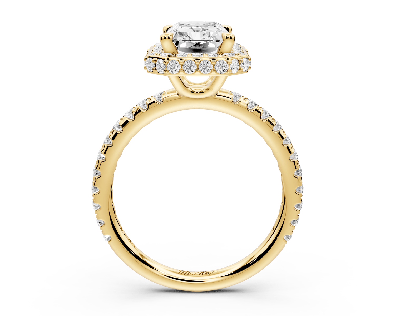 Amelie - 2ct 14k yellow gold radiant Diamond with Rollover Halo and Pavé engagement Ring - Mr. Alex Jewelry