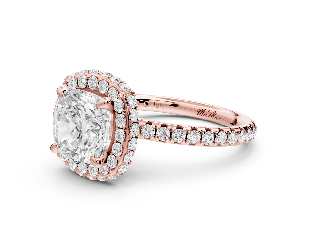 Amelie - 2ct 18k rose gold cushion Diamond with Rollover Halo and Pavé engagement Ring - Mr. Alex Jewelry