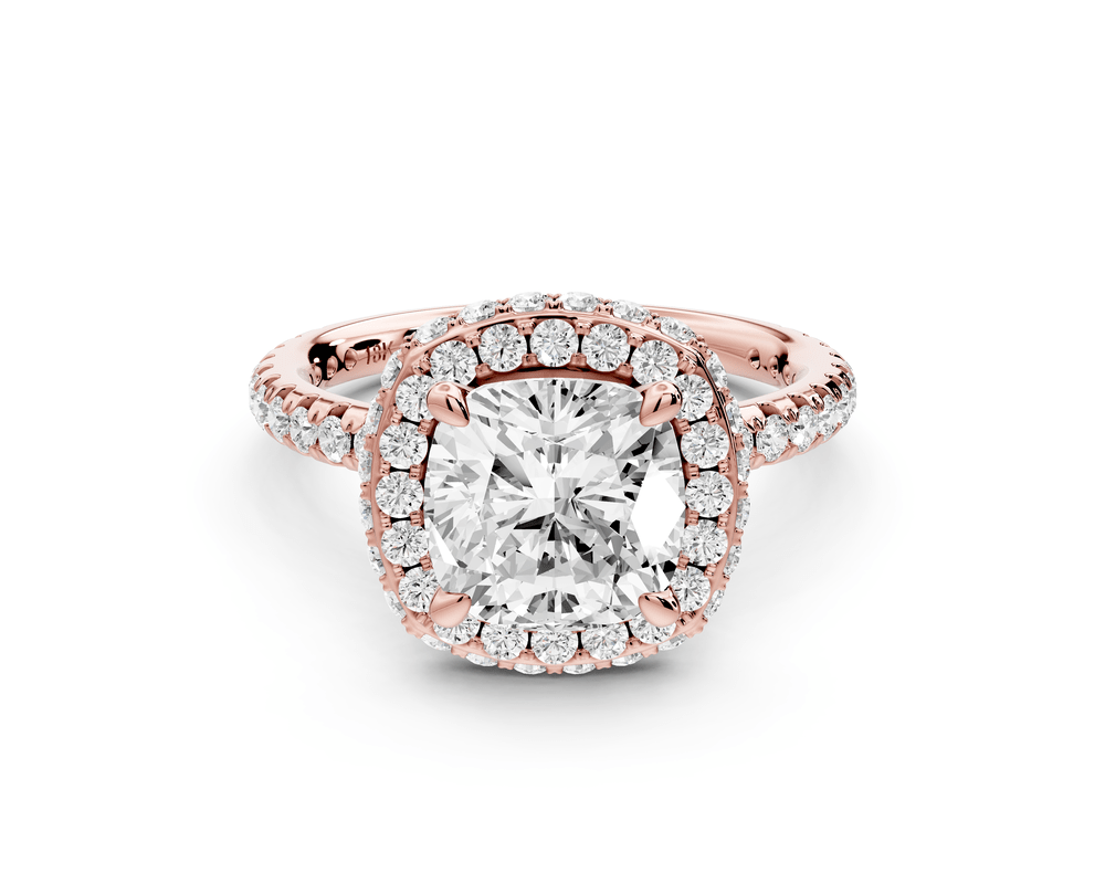 Amelie - 2ct 18k rose gold cushion Diamond with Rollover Halo and Pavé engagement Ring - Mr. Alex Jewelry