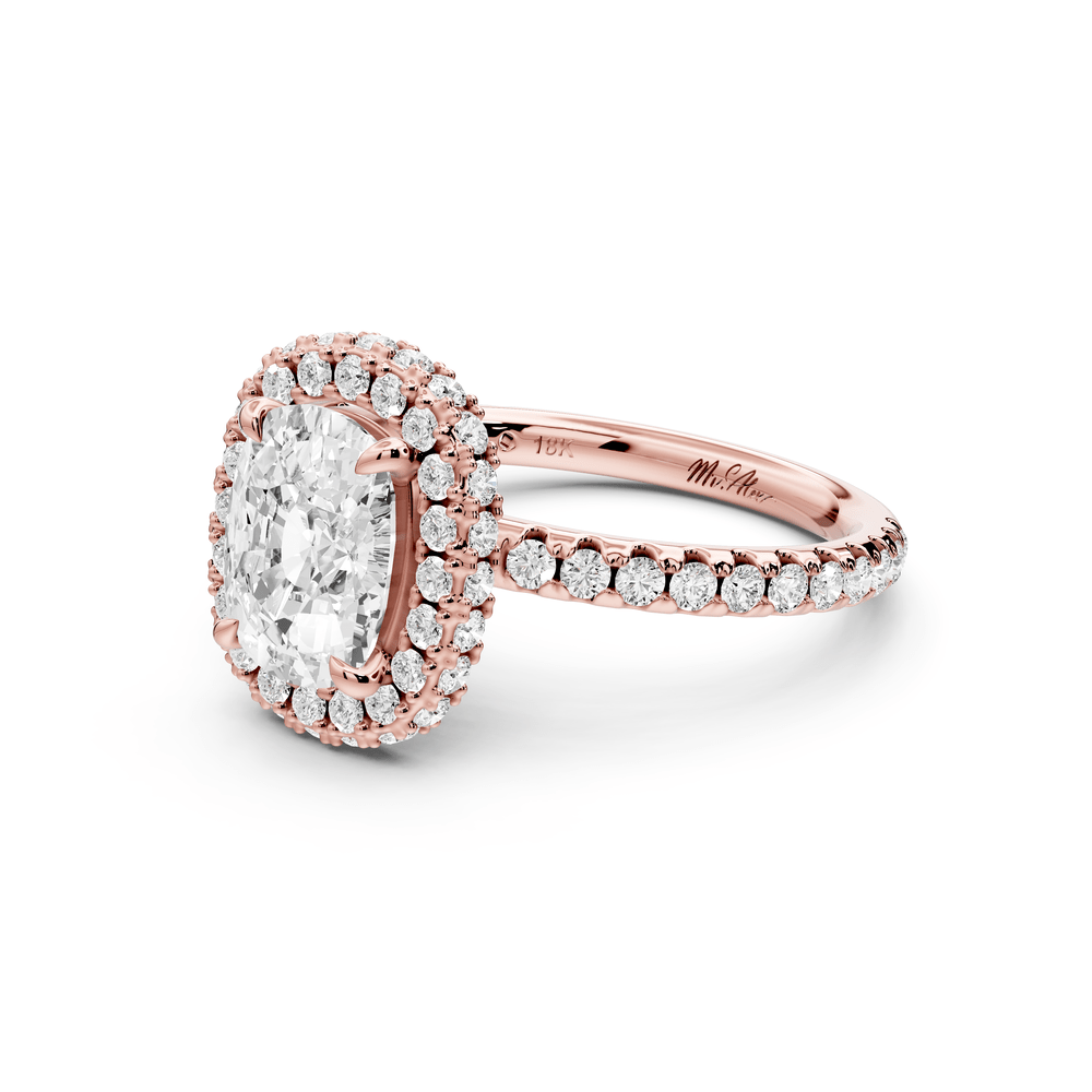 Amelie - 2ct 18k rose gold ecushion Diamond with Rollover Halo and Pavé engagement Ring - Mr. Alex Jewelry