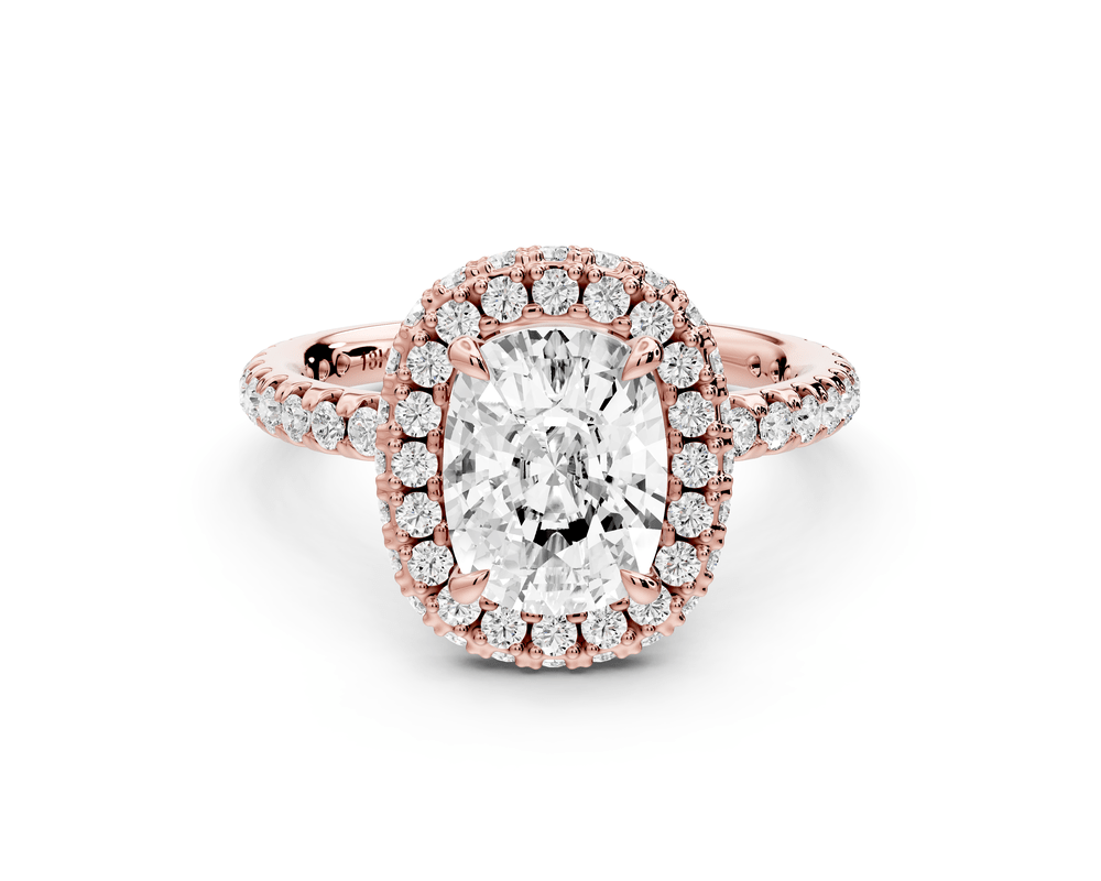 Amelie - 2ct 18k rose gold ecushion Diamond with Rollover Halo and Pavé engagement Ring - Mr. Alex Jewelry