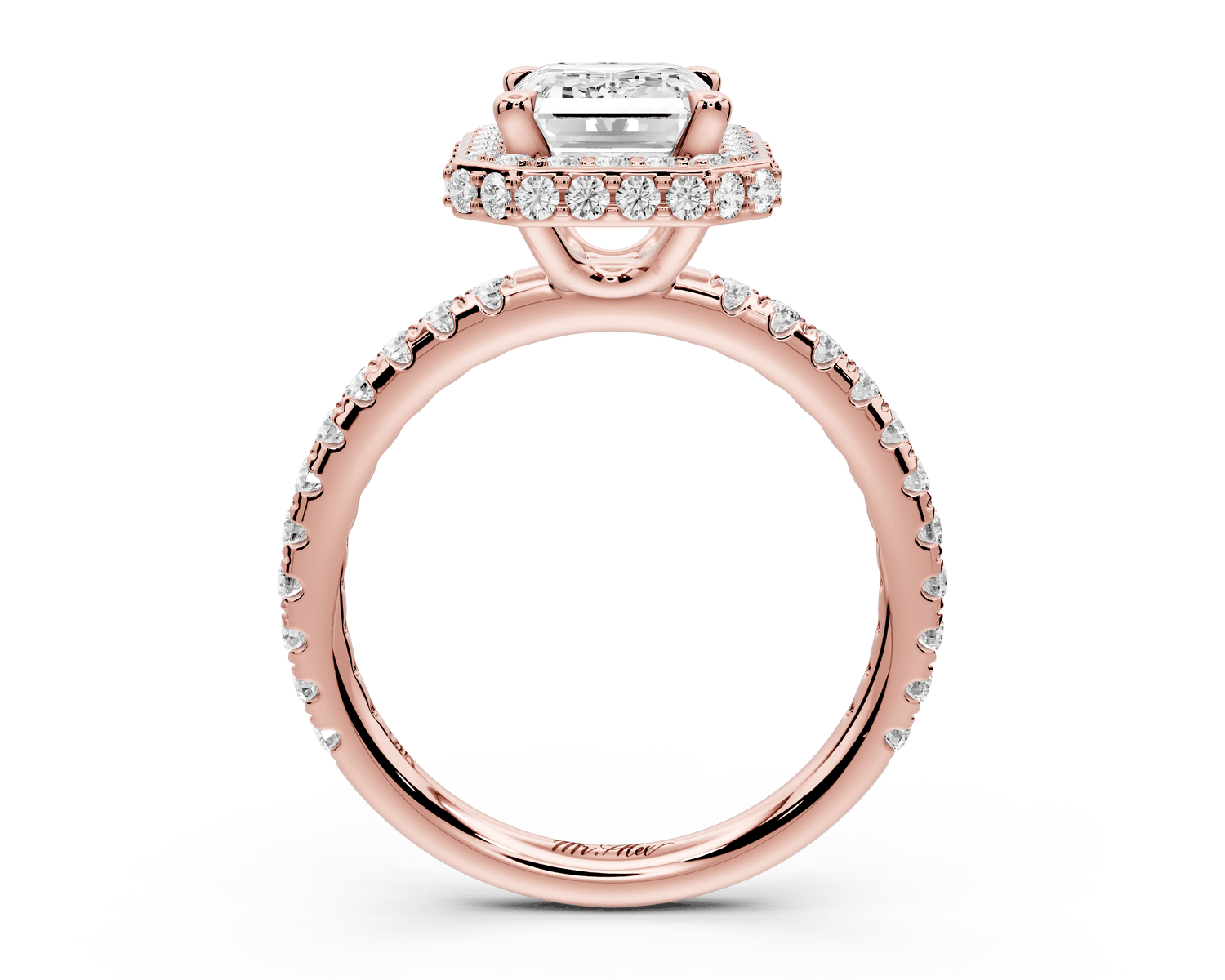 Amelie - 2ct 18k rose gold emerald Diamond with Rollover Halo and Pavé Engagement Ring - Mr. Alex Jewelry