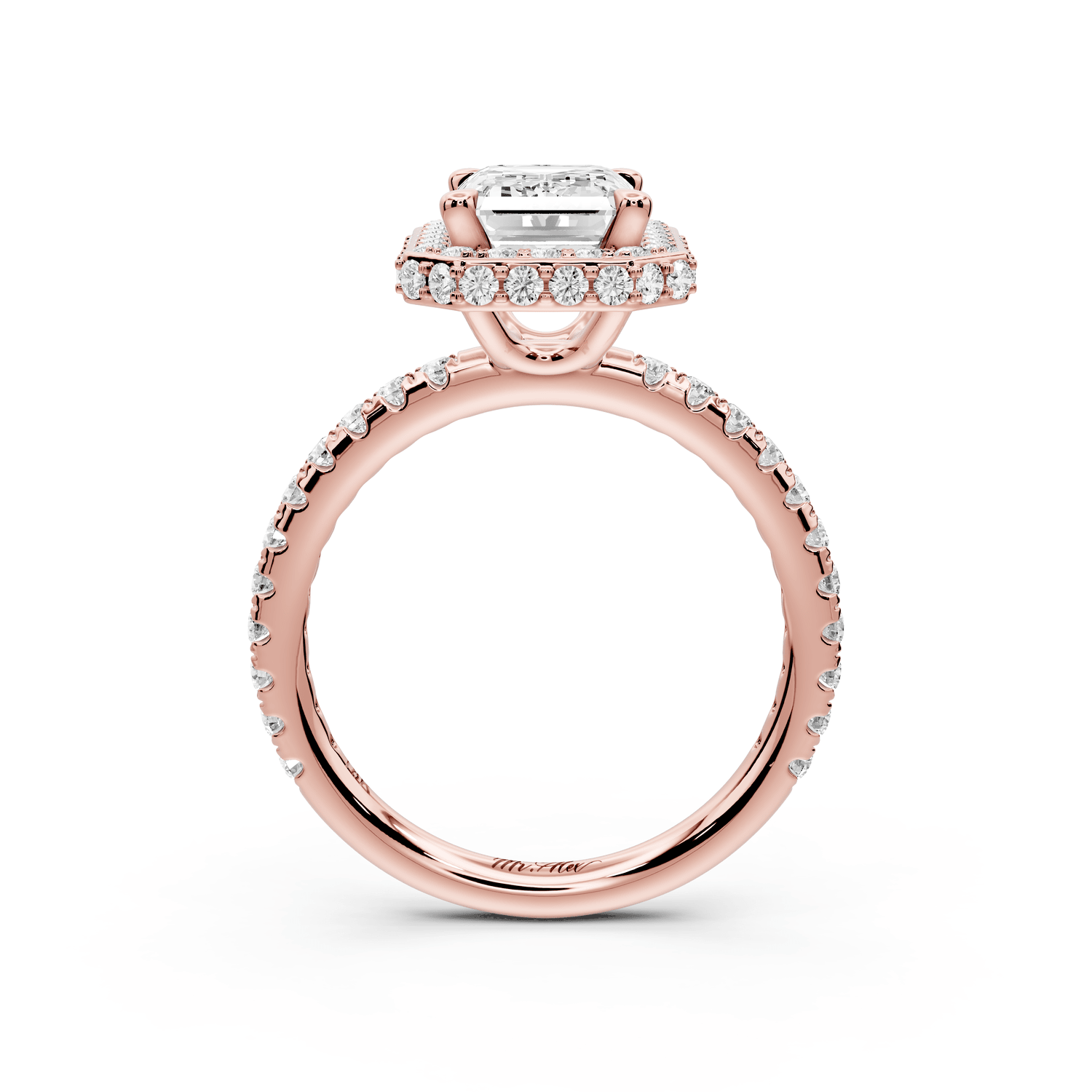 Amelie - 2ct 18k rose gold emerald Diamond with Rollover Halo and Pavé Engagement Ring - Mr. Alex Jewelry