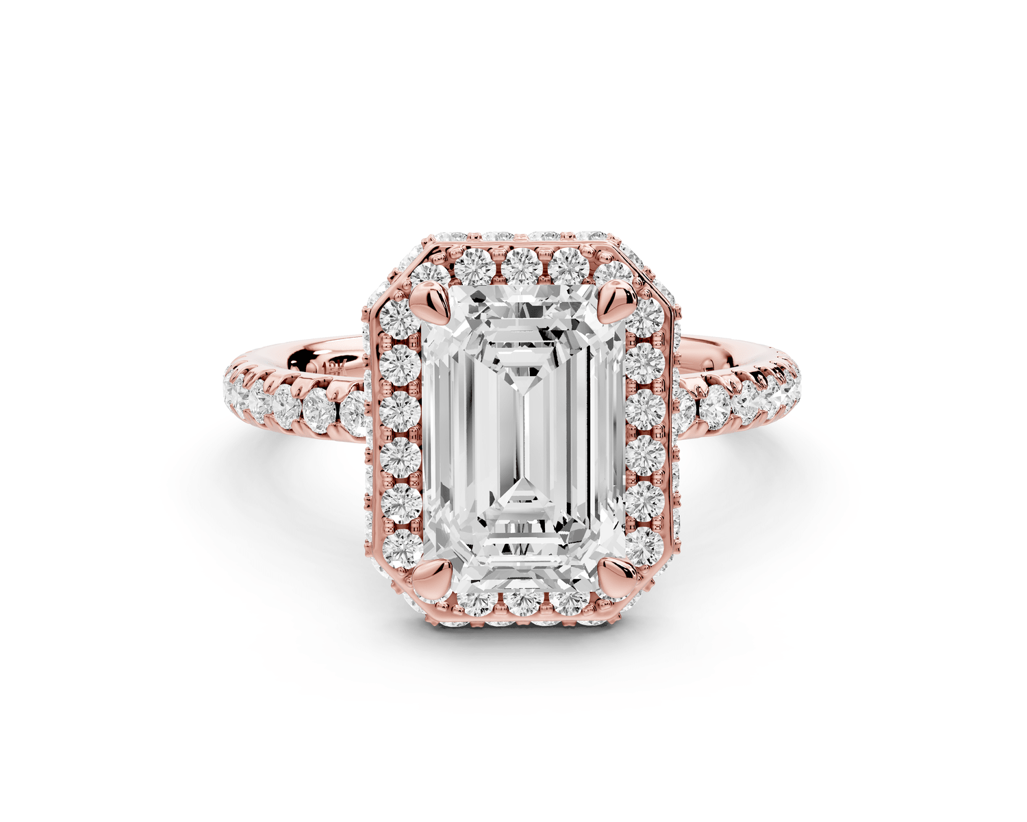 Amelie - 2ct 18k rose gold emerald Diamond with Rollover Halo and Pavé Engagement Ring - Mr. Alex Jewelry
