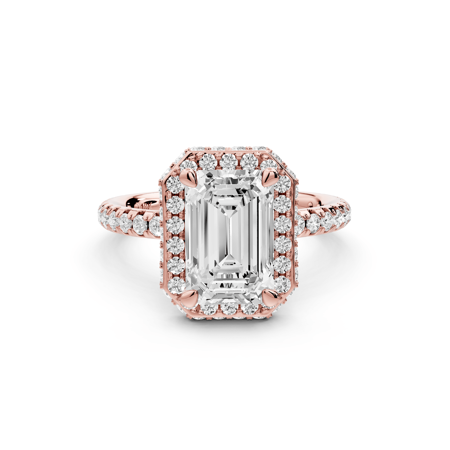 Amelie - 2ct 18k rose gold emerald Diamond with Rollover Halo and Pavé Engagement Ring - Mr. Alex Jewelry