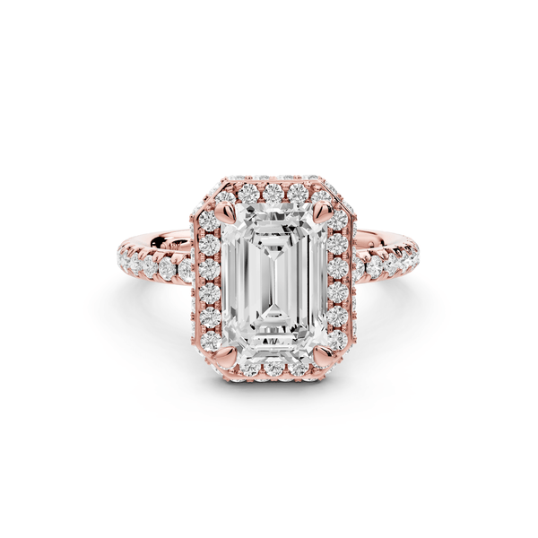 Amelie - 2ct 18k rose gold emerald Diamond with Rollover Halo and Pavé Engagement Ring - Mr. Alex Jewelry