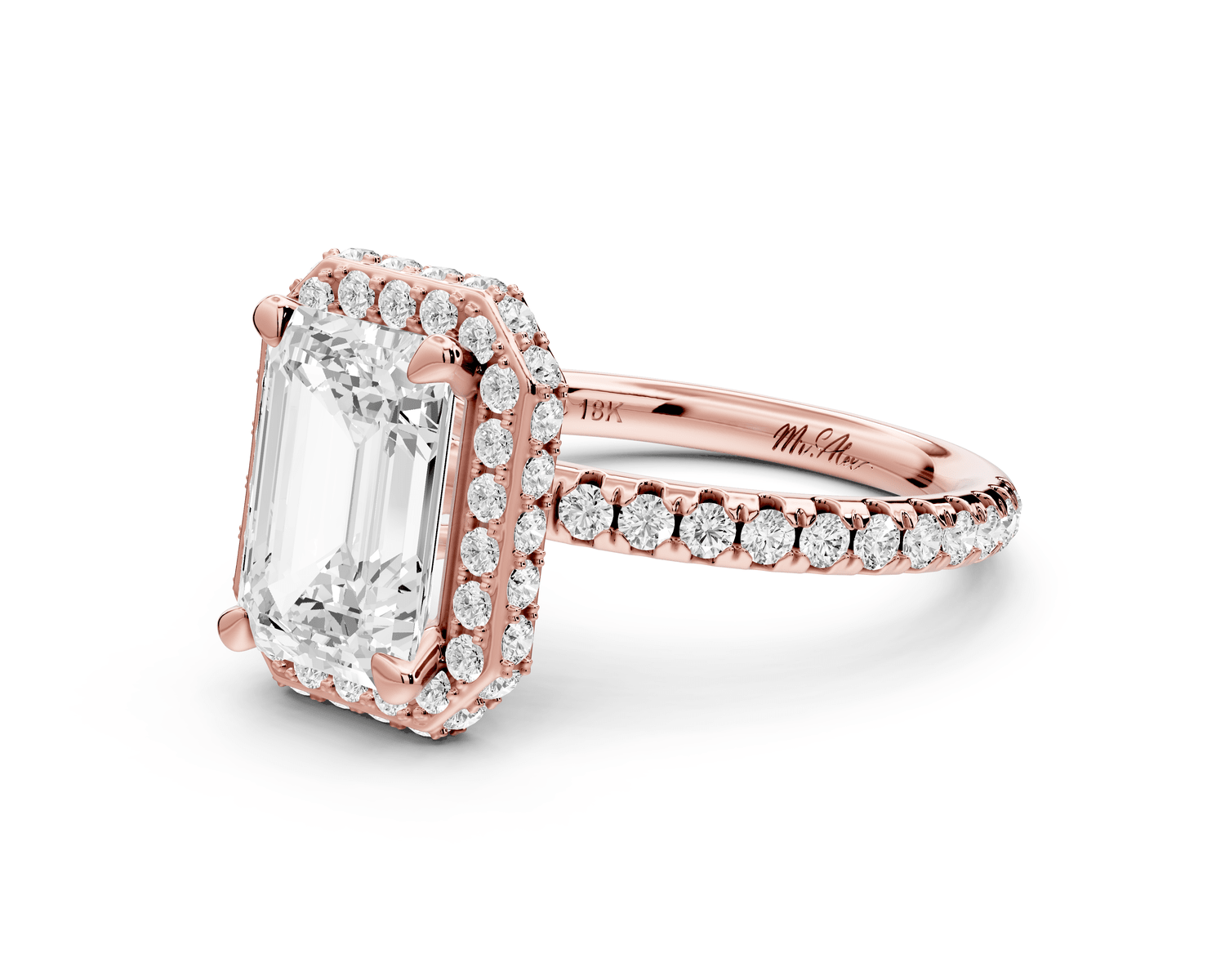 Amelie - 2ct 18k rose gold emerald Diamond with Rollover Halo and Pavé Engagement Ring - Mr. Alex Jewelry