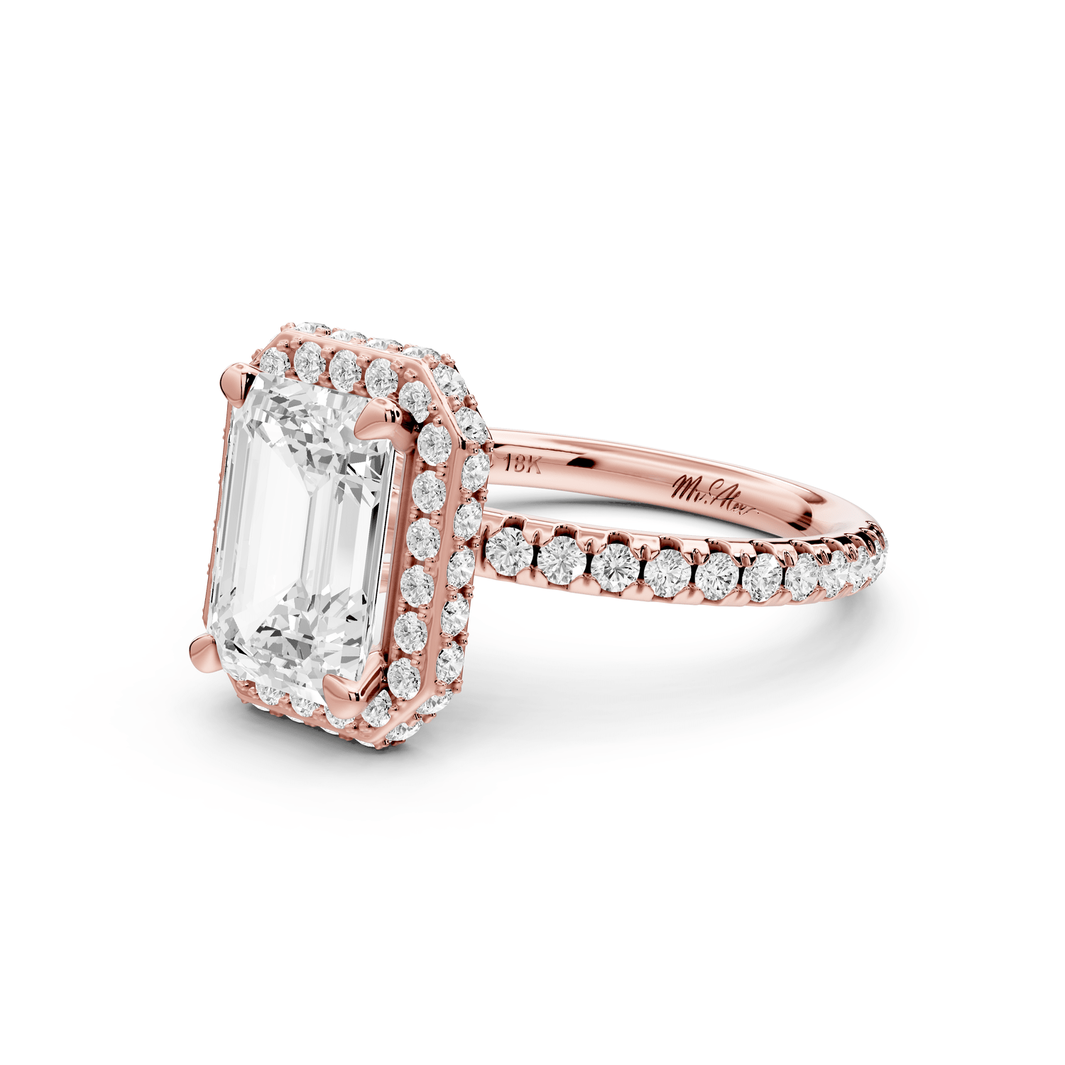 Amelie - 2ct 18k rose gold emerald Diamond with Rollover Halo and Pavé Engagement Ring - Mr. Alex Jewelry