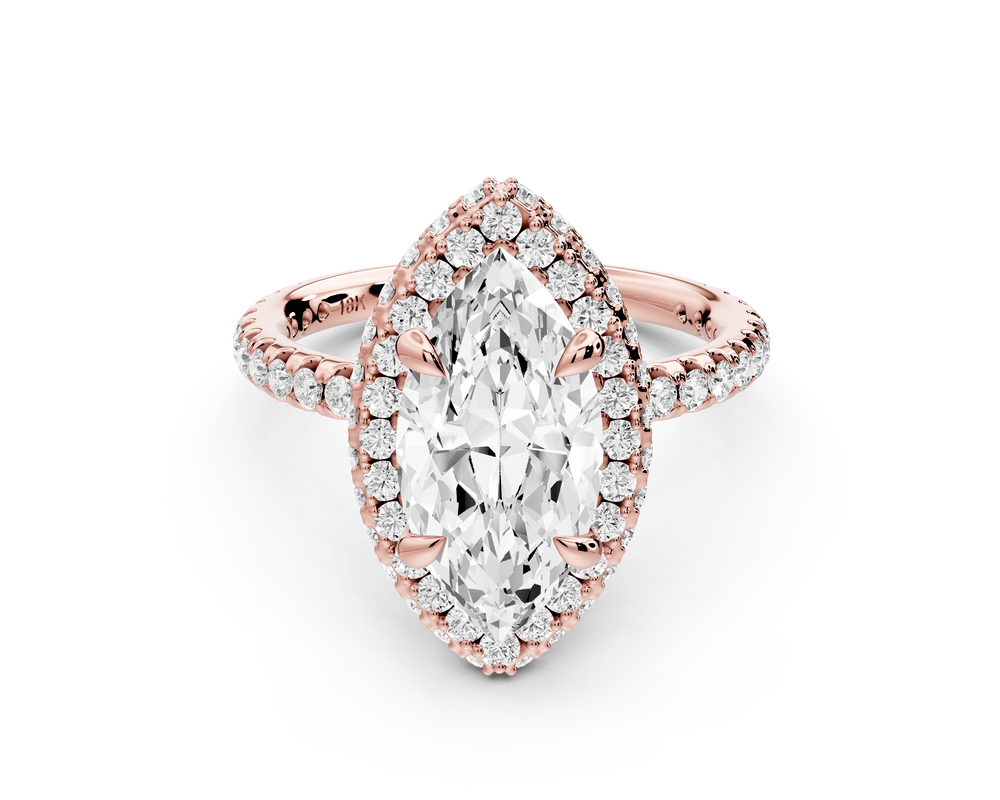 Amelie - 2ct 18k rose gold marquise Diamond with Rollover Halo and Pavé engagement Ring - Mr. Alex Jewelry