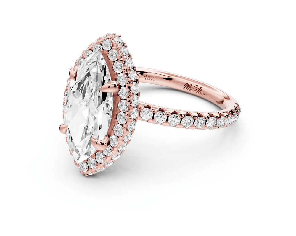 Amelie - 2ct 18k rose gold marquise Diamond with Rollover Halo and Pavé engagement Ring - Mr. Alex Jewelry