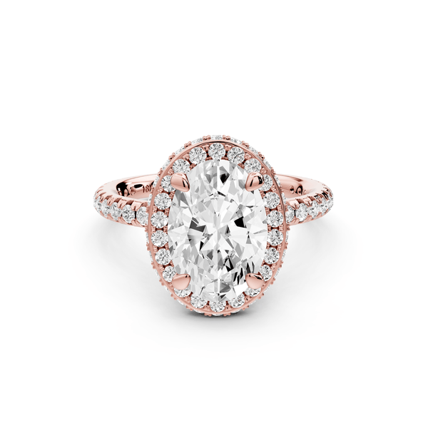 Amelie - 2ct 18k rose gold oval Diamond with Rollover Halo and Pavé Engagement Ring - Mr. Alex Jewelry