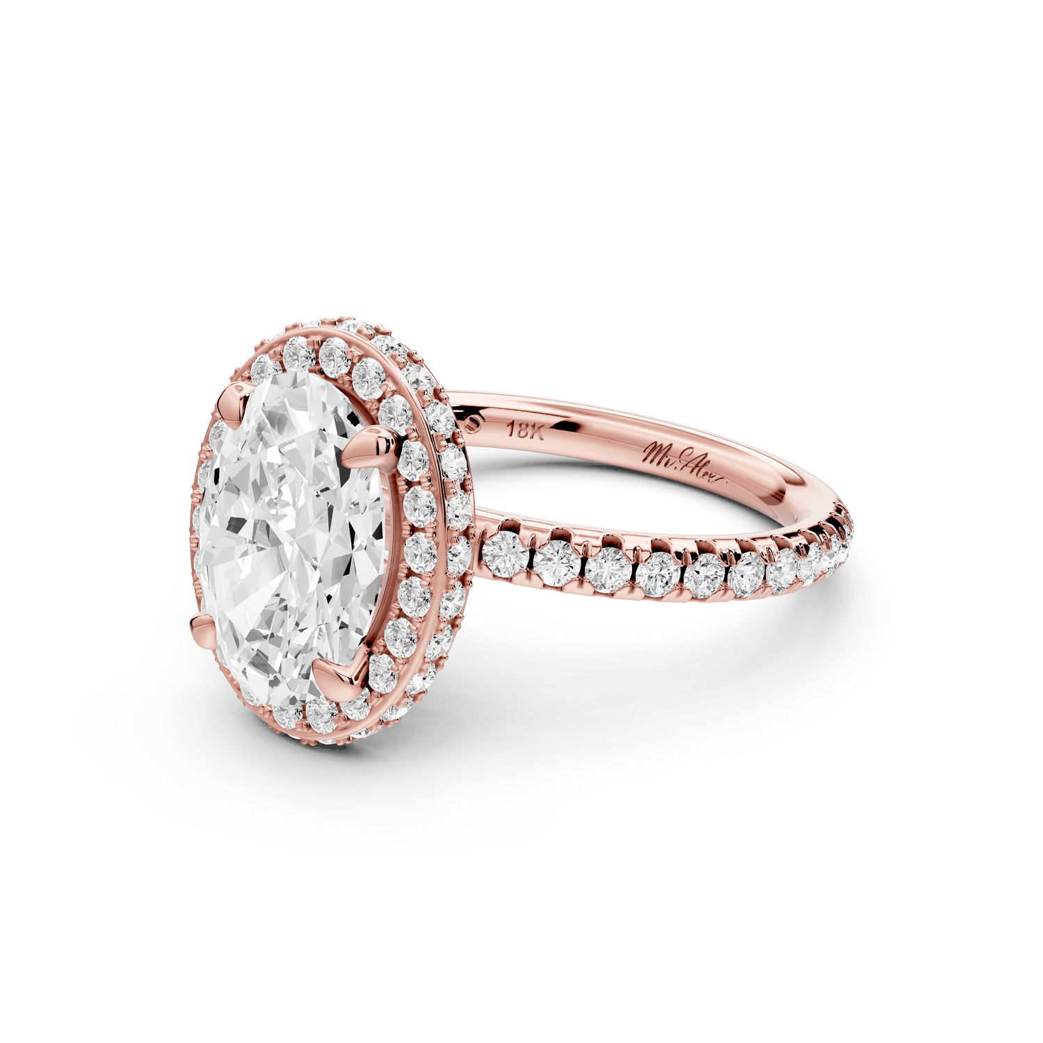 Amelie - 2ct 18k rose gold oval Diamond with Rollover Halo and Pavé Engagement Ring - Mr. Alex Jewelry