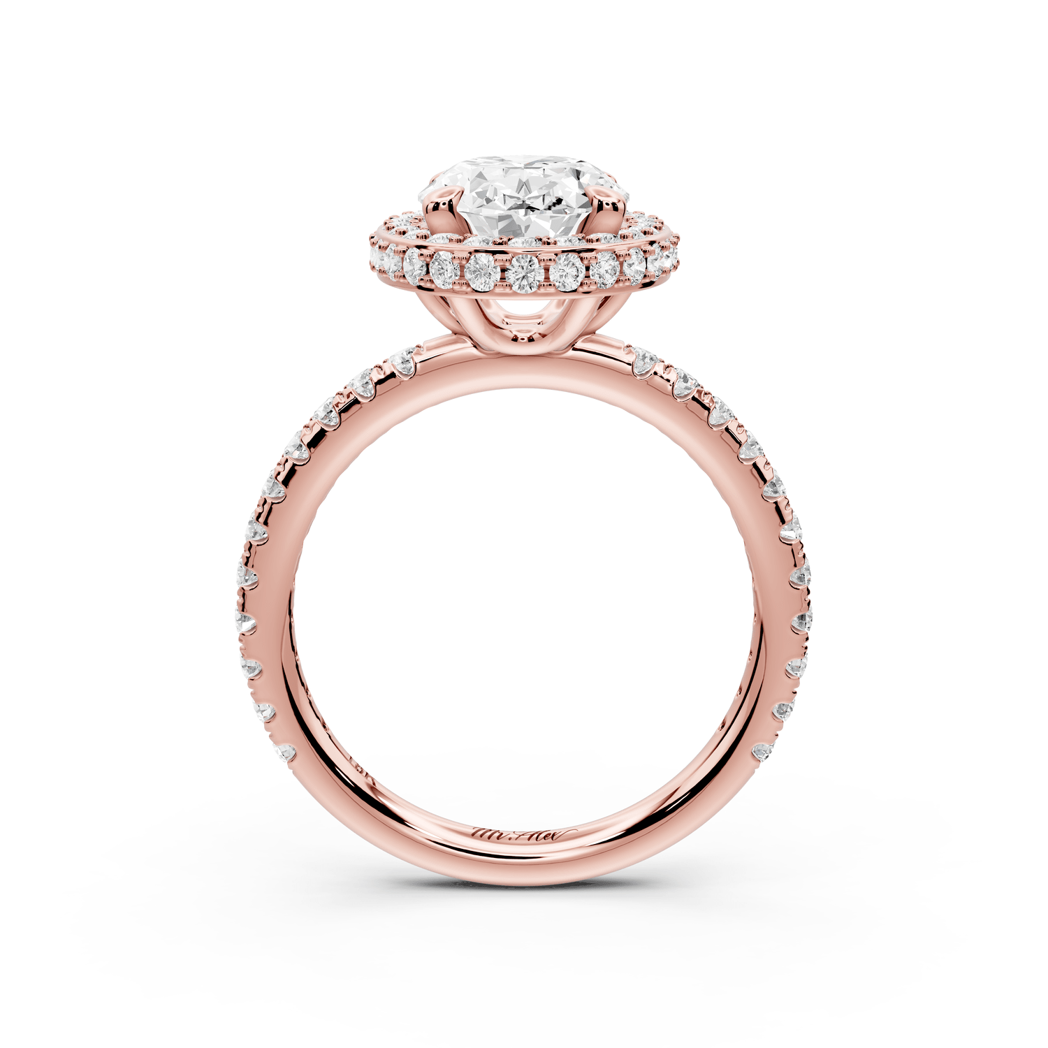 Amelie - 2ct 18k rose gold oval Diamond with Rollover Halo and Pavé Engagement Ring - Mr. Alex Jewelry