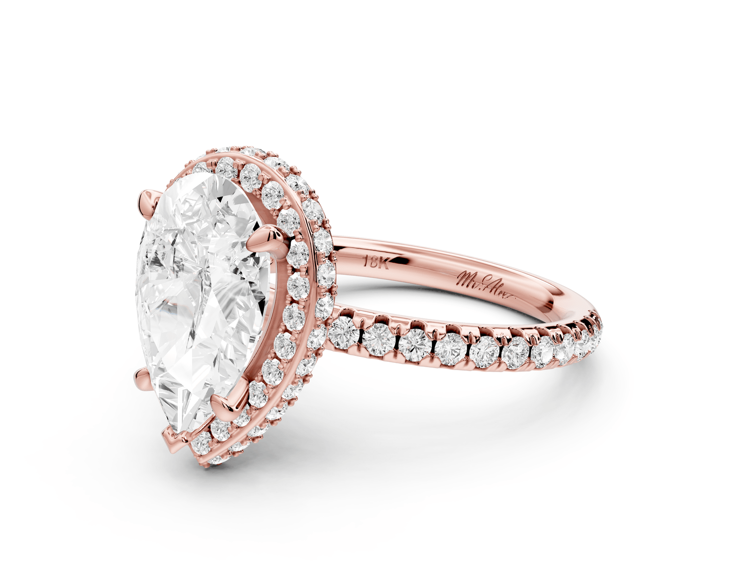 Amelie - 2ct 18k rose gold pear Diamond with Rollover Halo and Pavé Engagement Ring - Mr. Alex Jewelry