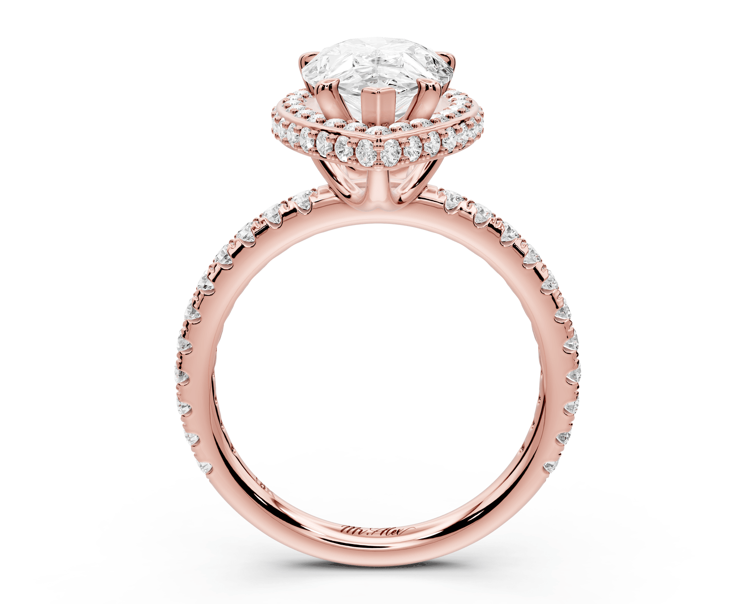 Amelie - 2ct 18k rose gold pear Diamond with Rollover Halo and Pavé Engagement Ring - Mr. Alex Jewelry