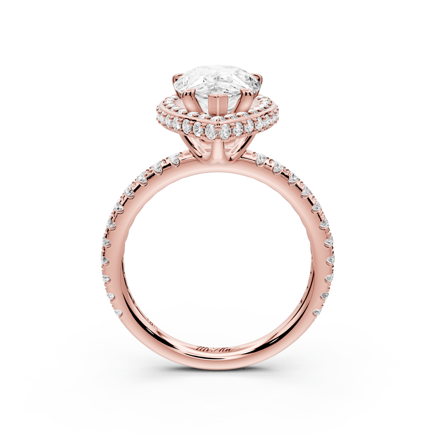 Amelie - 2ct 18k rose gold pear Diamond with Rollover Halo and Pavé Engagement Ring - Mr. Alex Jewelry