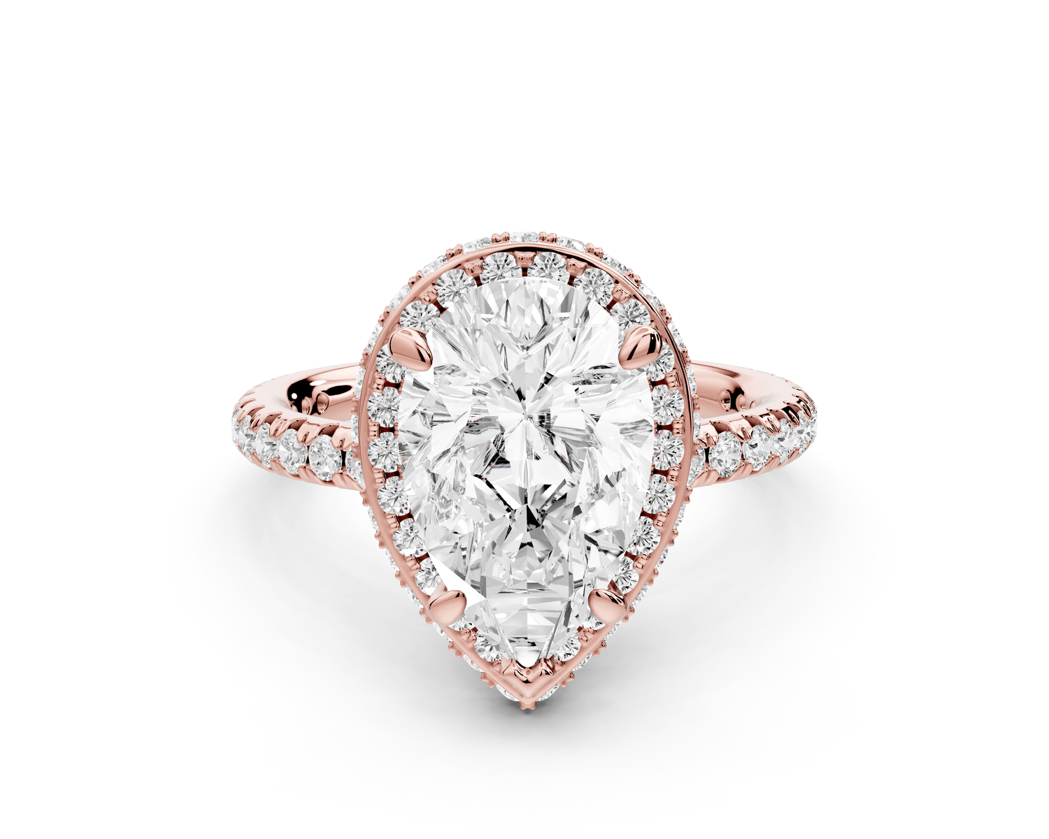 Amelie - 2ct 18k rose gold pear Diamond with Rollover Halo and Pavé Engagement Ring - Mr. Alex Jewelry