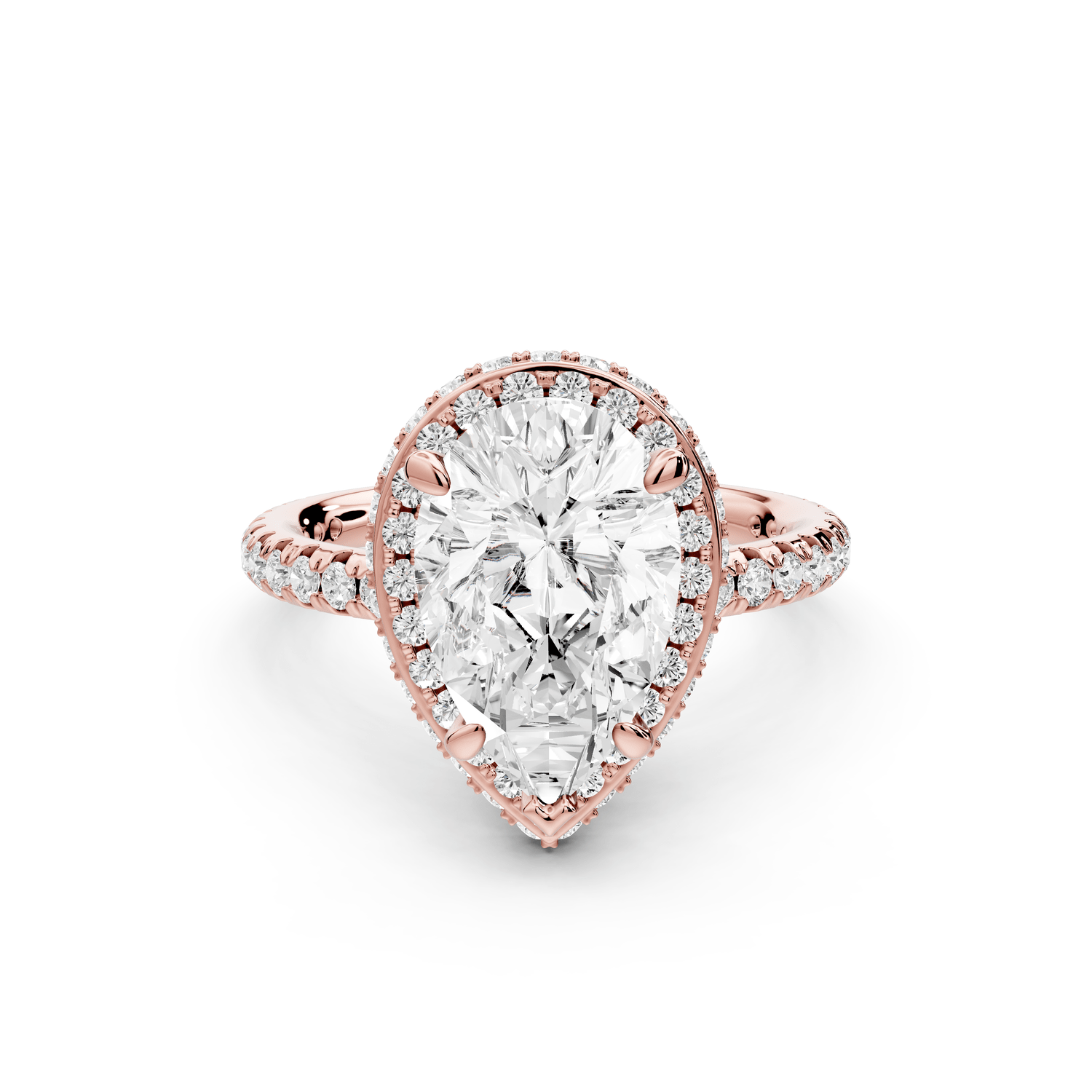 Amelie - 2ct 18k rose gold pear Diamond with Rollover Halo and Pavé Engagement Ring - Mr. Alex Jewelry