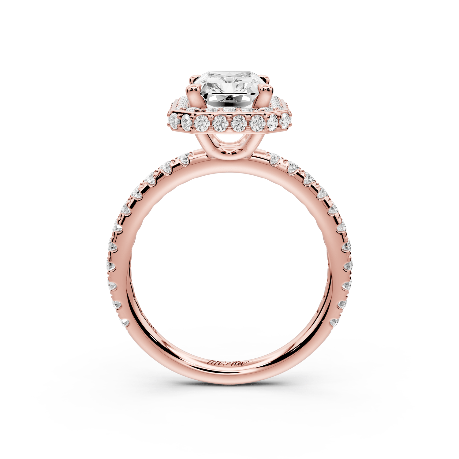 Amelie - 2ct 18k rose gold radiant Diamond with Rollover Halo and Pavé engagement Ring - Mr. Alex Jewelry