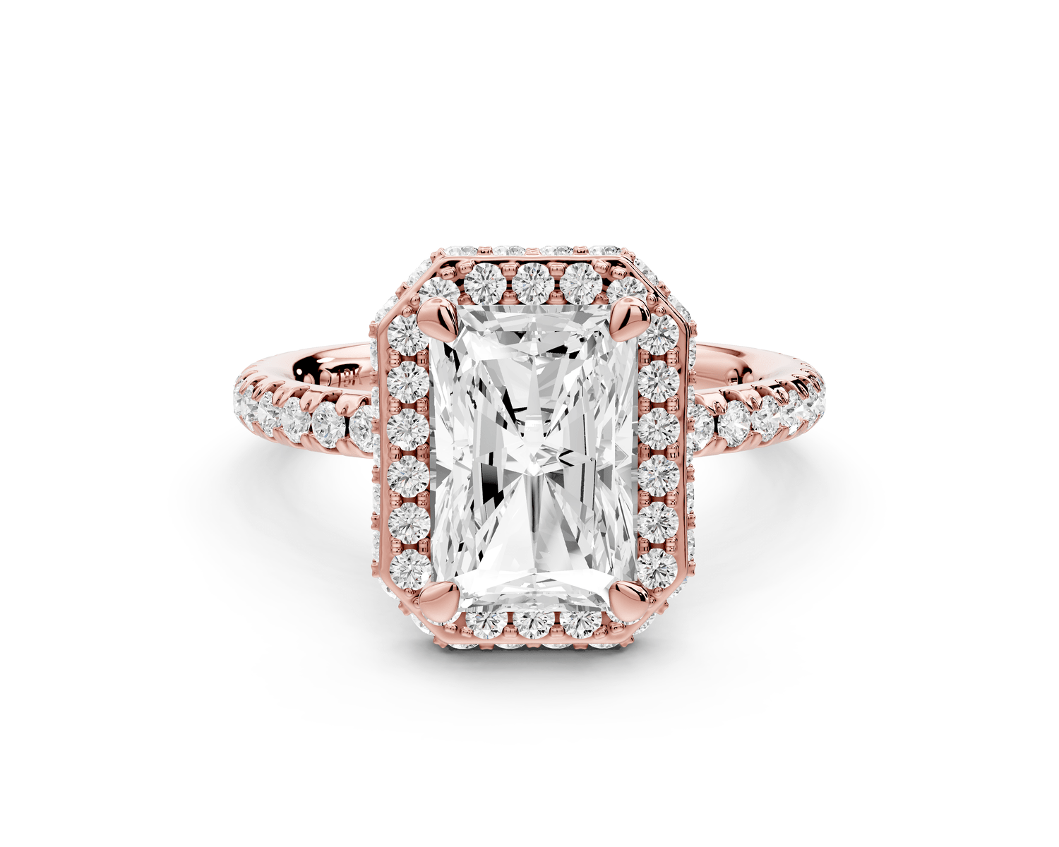 Amelie - 2ct 18k rose gold radiant Diamond with Rollover Halo and Pavé engagement Ring - Mr. Alex Jewelry