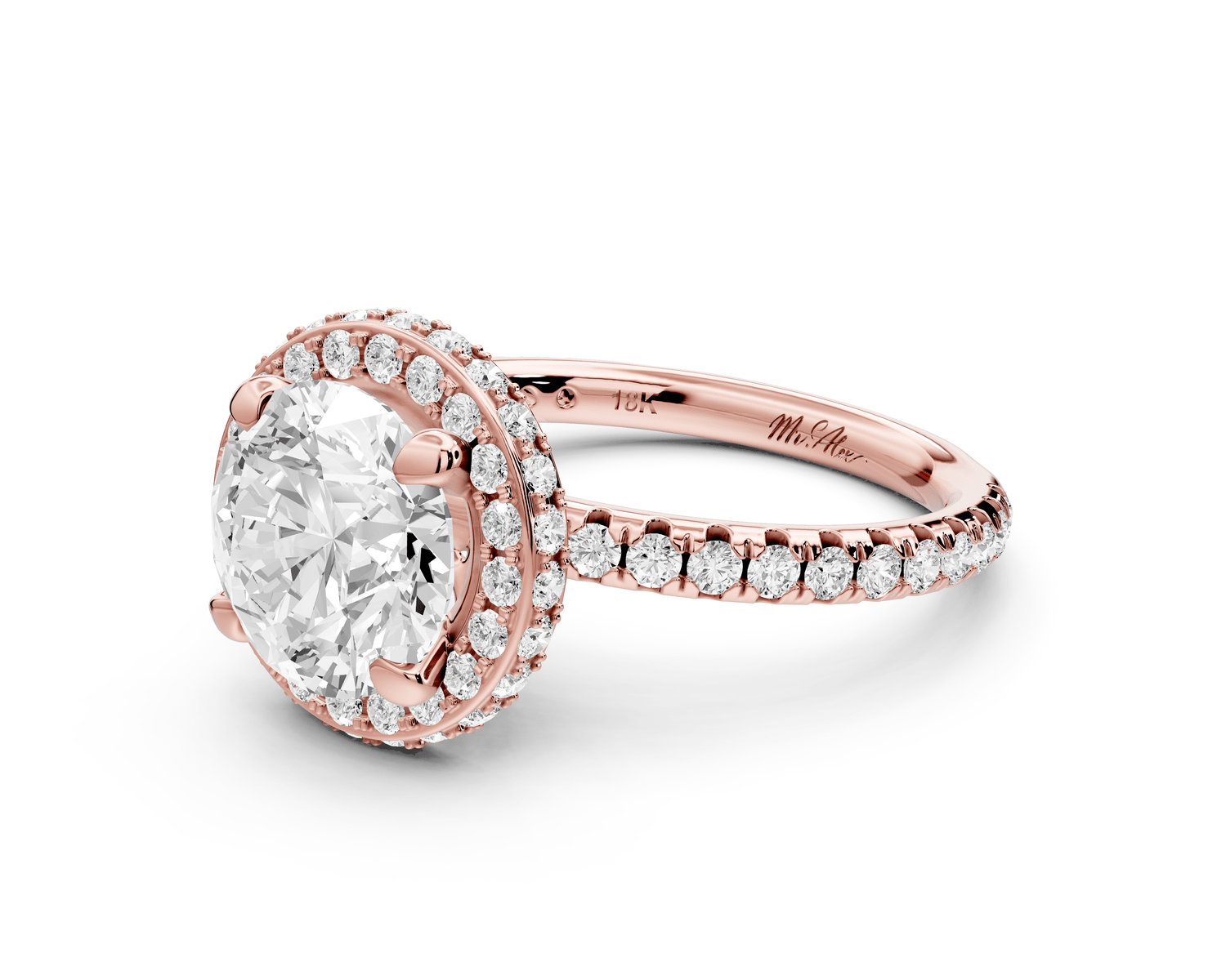 Amelie - 2ct 18k rose gold round Diamond with Rollover Halo and Pavé Engagment Ring - Mr. Alex Jewelry