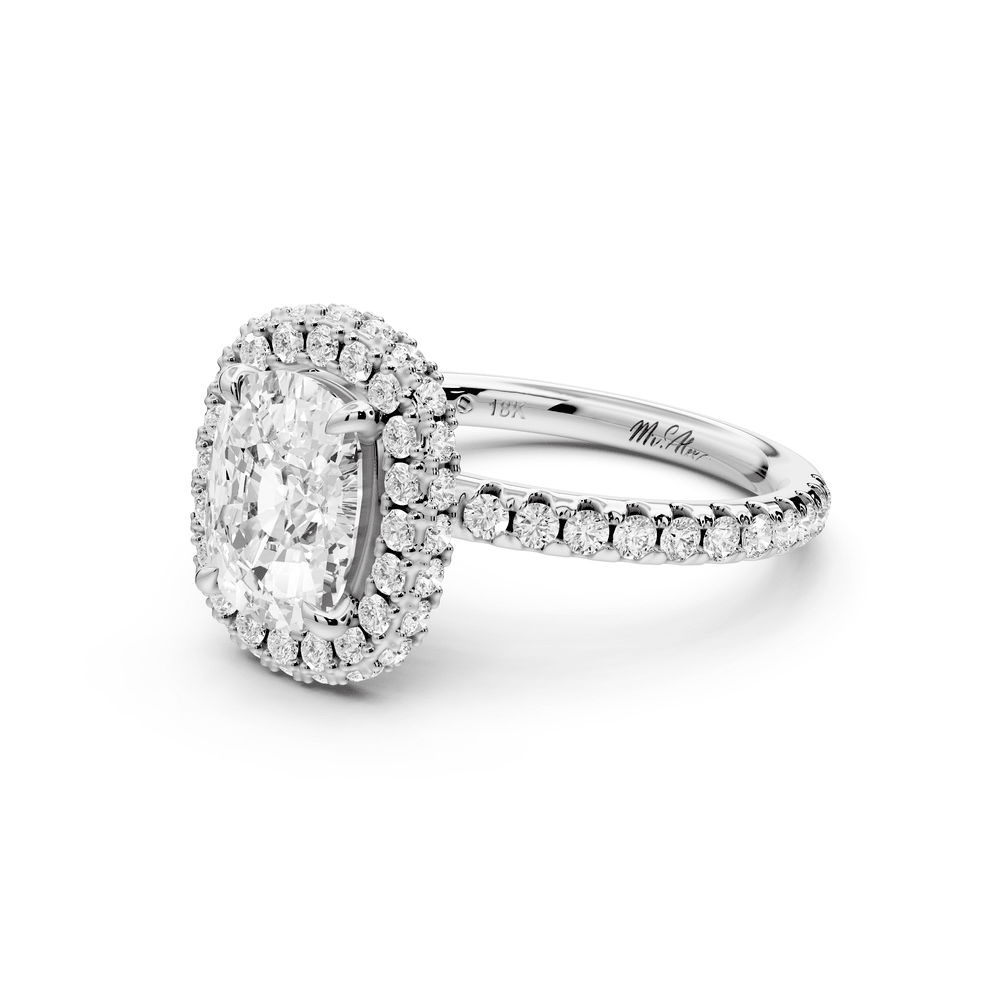 Amelie - 2ct 18k white gold ecushion Diamond with Rollover Halo and Pavé engagement Ring - Mr. Alex Jewelry