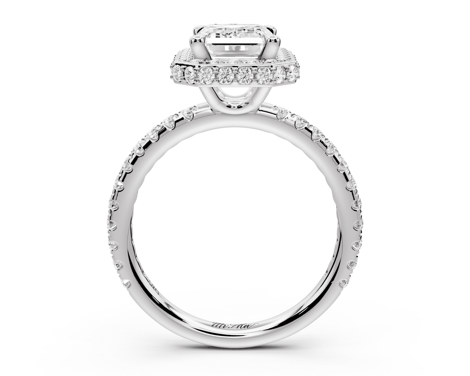 Amelie - 2ct 18k white gold emerald Diamond with Rollover Halo and Pavé Engagement Ring - Mr. Alex Jewelry