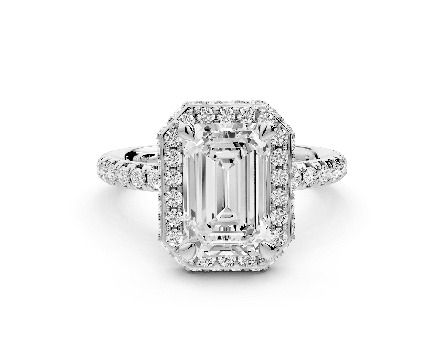 Amelie - 2ct 18k white gold emerald Diamond with Rollover Halo and Pavé Engagement Ring - Mr. Alex Jewelry