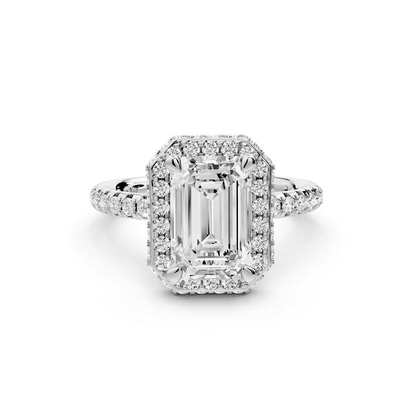 Amelie - 2ct 18k white gold emerald Diamond with Rollover Halo and Pavé Engagement Ring - Mr. Alex Jewelry