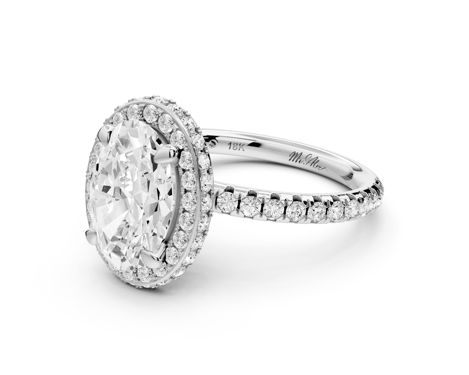 Amelie - 2ct 18k white gold oval Diamond with Rollover Halo and Pavé Engagement Ring - Mr. Alex Jewelry