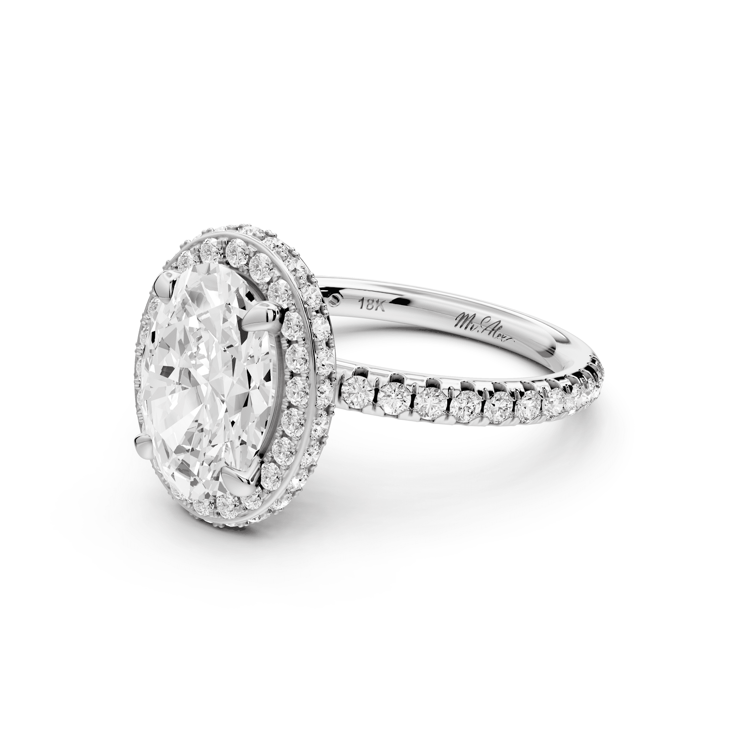 Amelie - 2ct 18k white gold oval Diamond with Rollover Halo and Pavé Engagement Ring - Mr. Alex Jewelry