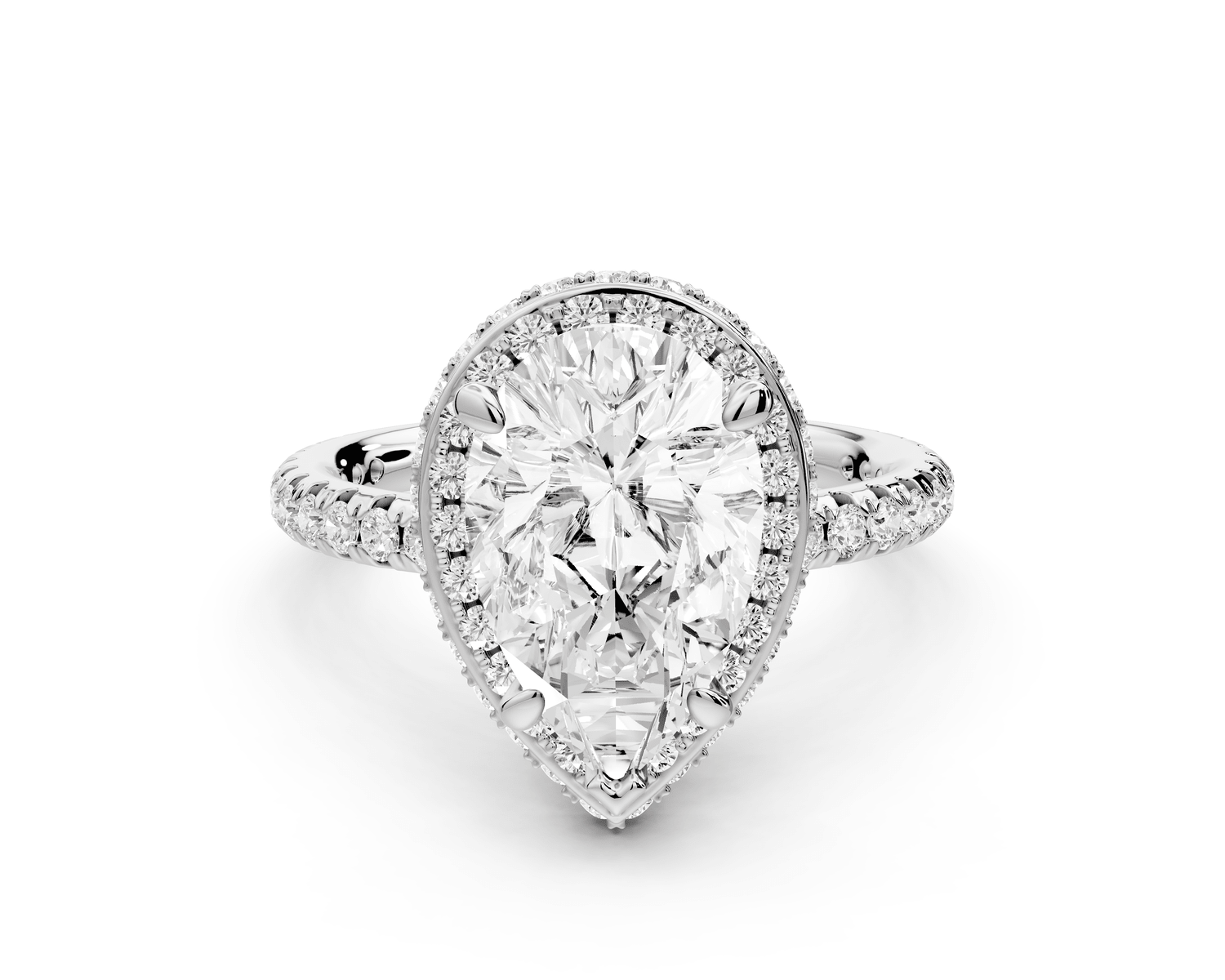 Amelie - 2ct 18k white gold pear Diamond with Rollover Halo and Pavé Engagement Ring - Mr. Alex Jewelry